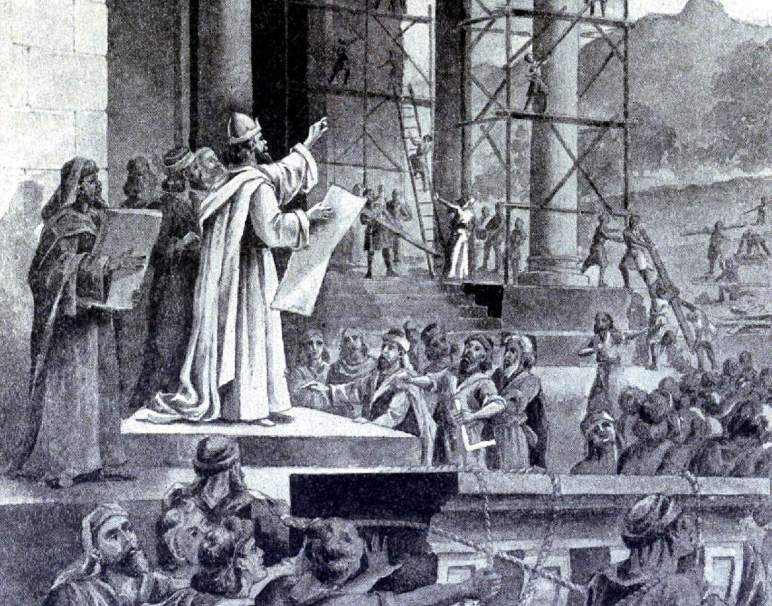 Illustration of workers constructing Solomon’s temple