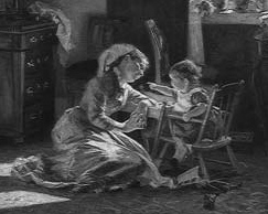 A woman seated beside a young child.