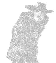 Faint illustration of a stooping man in a hat