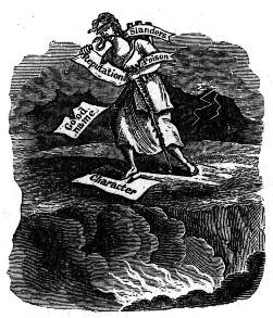Engraving of a man bent under labels of sin and temptation