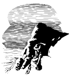A kneeling figure praying beside a rock.