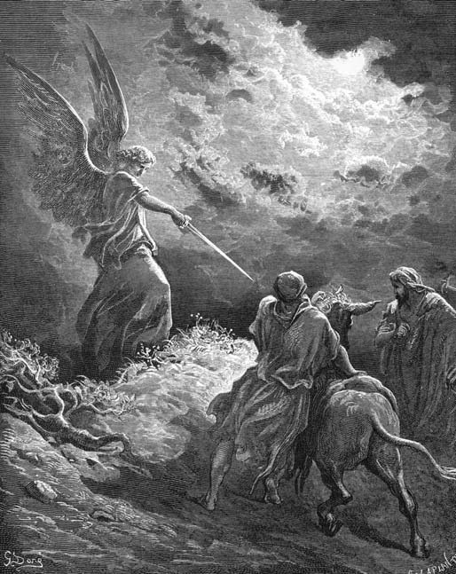An angel with a drawn sword confronts Balaam riding a donkey