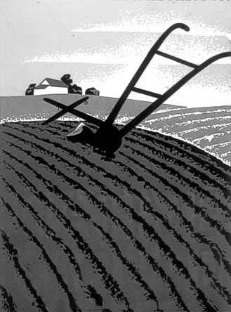 A plow standing in a furrowed field with a farmhouse in the distance.