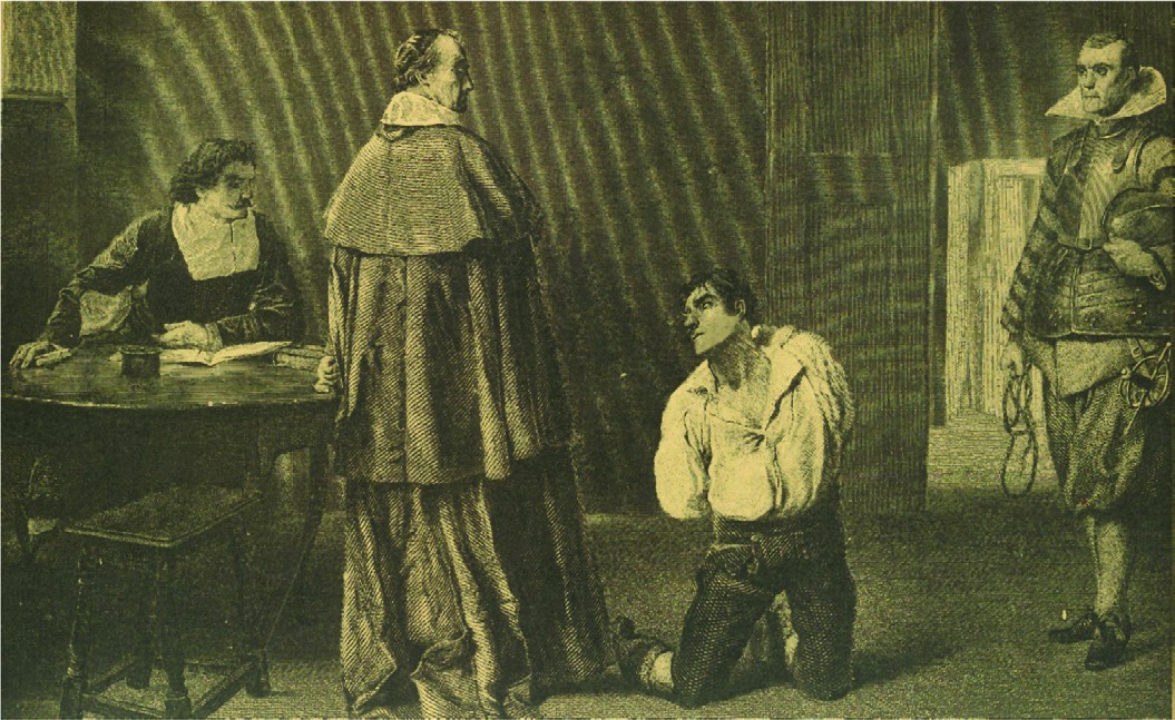 Jacques Dosie kneeling before Lady Friesland and other officials