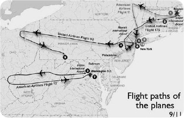 Map showing the flight paths of the four planes hijacked on September 11, 2001