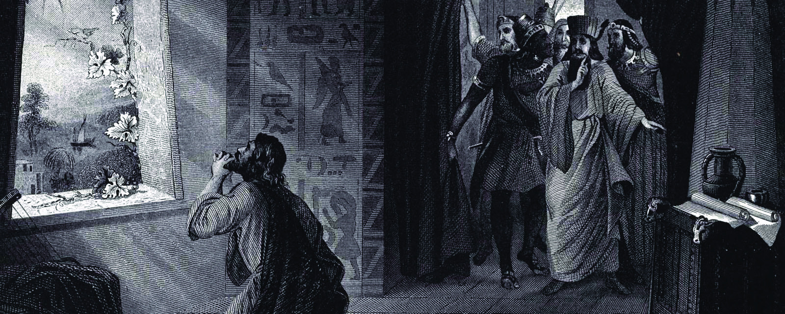 Daniel kneeling at an open window in prayer while several men observe