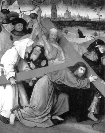 Jesus carrying the cross while surrounded by people