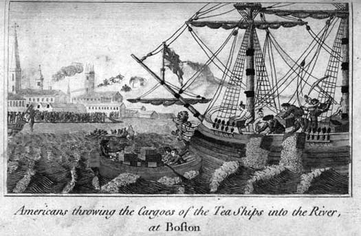 Historic engraving of people throwing tea cargo from ships into Boston Harbor