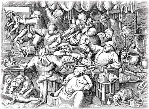 A historical illustration of people eating and drinking around a crowded table