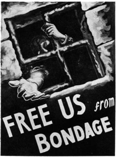 A person reaches through prison bars above the words “FREE US from BONDAGE”