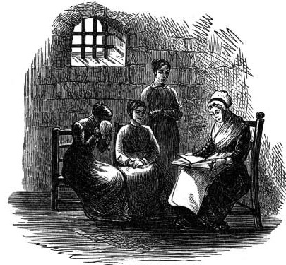 A woman reads to people seated inside a prison cell