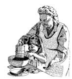 A woman helping a child prepare food at a mixing bowl