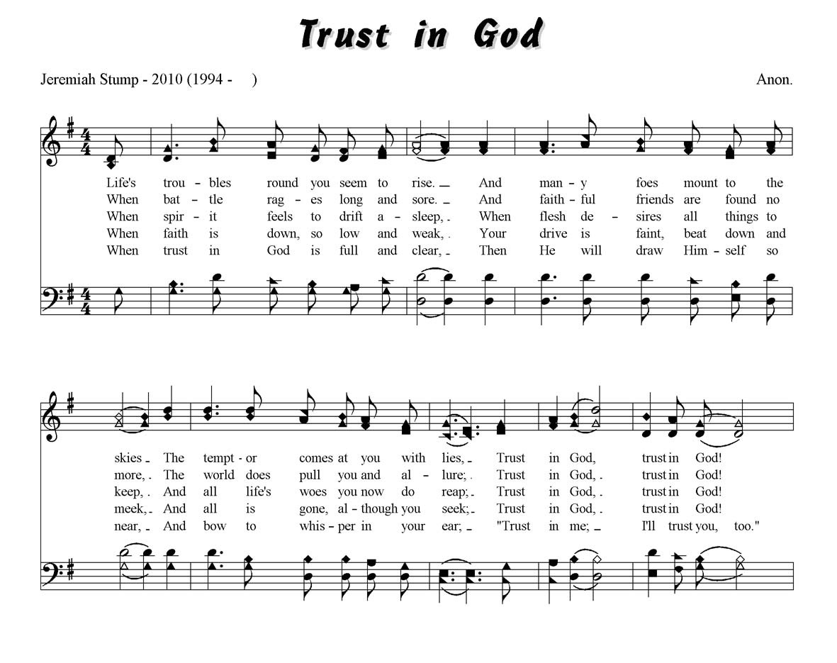 Sheet music and five verses of Trust in God by Jeremiah Stump.