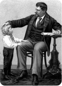 A seated man with a young boy beside him.