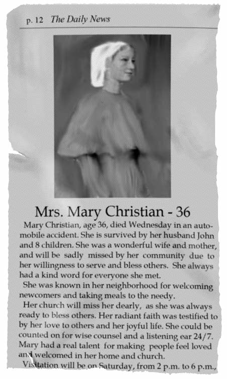 Mock obituary newspaper clipping for Mrs. Mary Christian