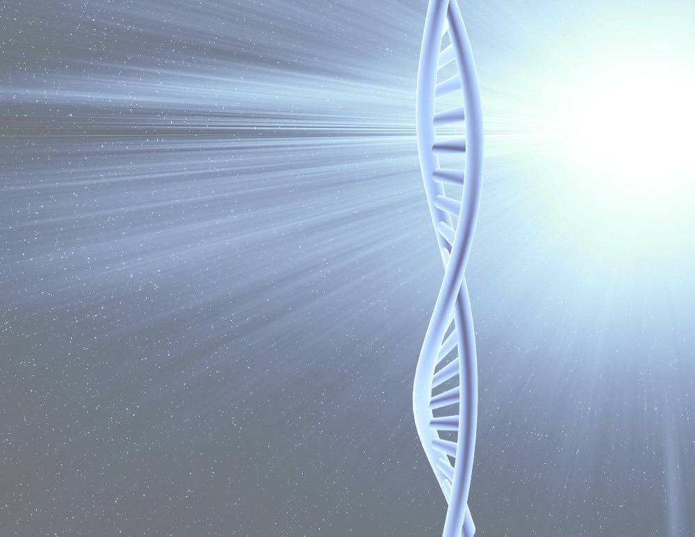 A glowing DNA double helix against a blue star-like background