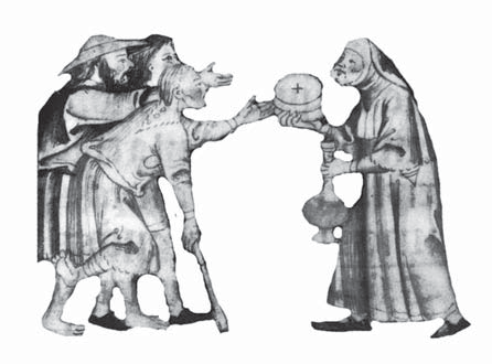 A medieval Waldensian preacher sharing food and drink with people in need