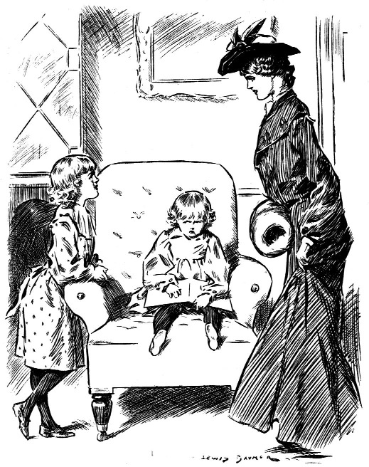 A woman watching children playing with a doll