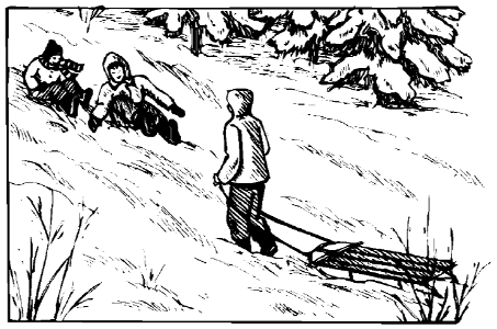 Children playing in snow with a sled
