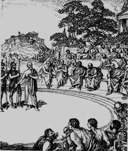 Engraving of an early Christian speaker addressing a gathered crowd