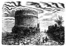 Engraving of a round stone tower and ruins