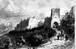 Engraving of a castle beside a path