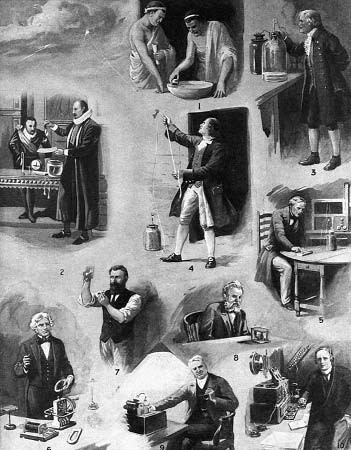 Collage showing scientific experiments and experimenters