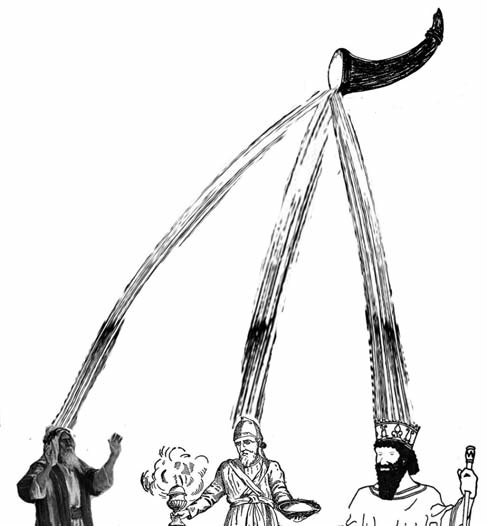 Anointing oil flowing from a horn onto the prophet, high priest, and king