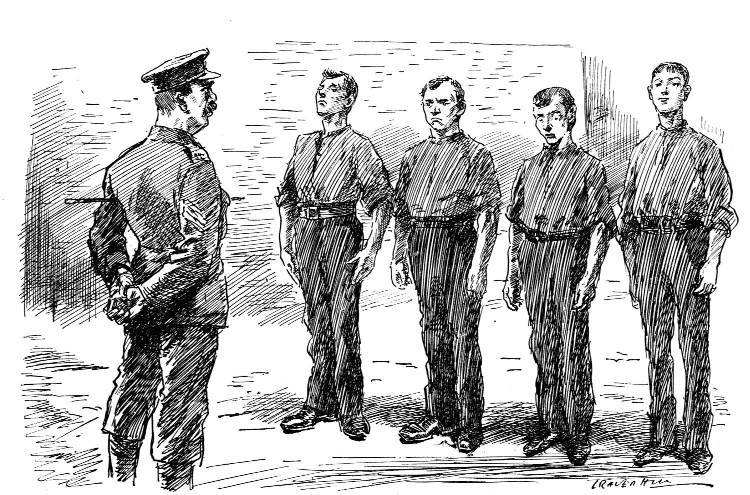 Uniformed officer facing four men