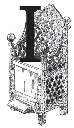 Ornate high backed chair with a large decorative letter I