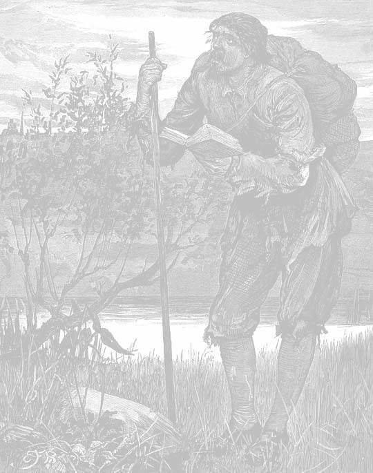 A traveler carrying a bundle and reading a book