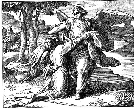 Jacob kneels before a winged angel