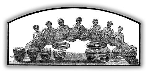 Men gathered around food baskets