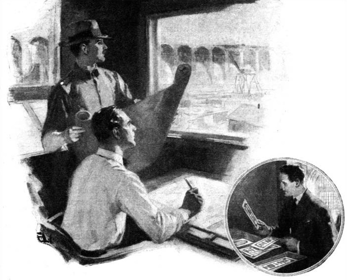 Two men looking through a window, with an inset of a man holding cards