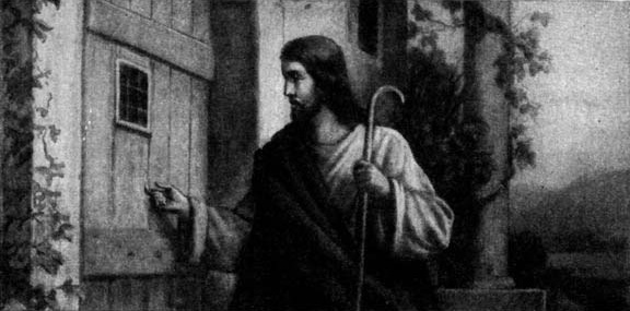 A man holding a staff and knocking at a door