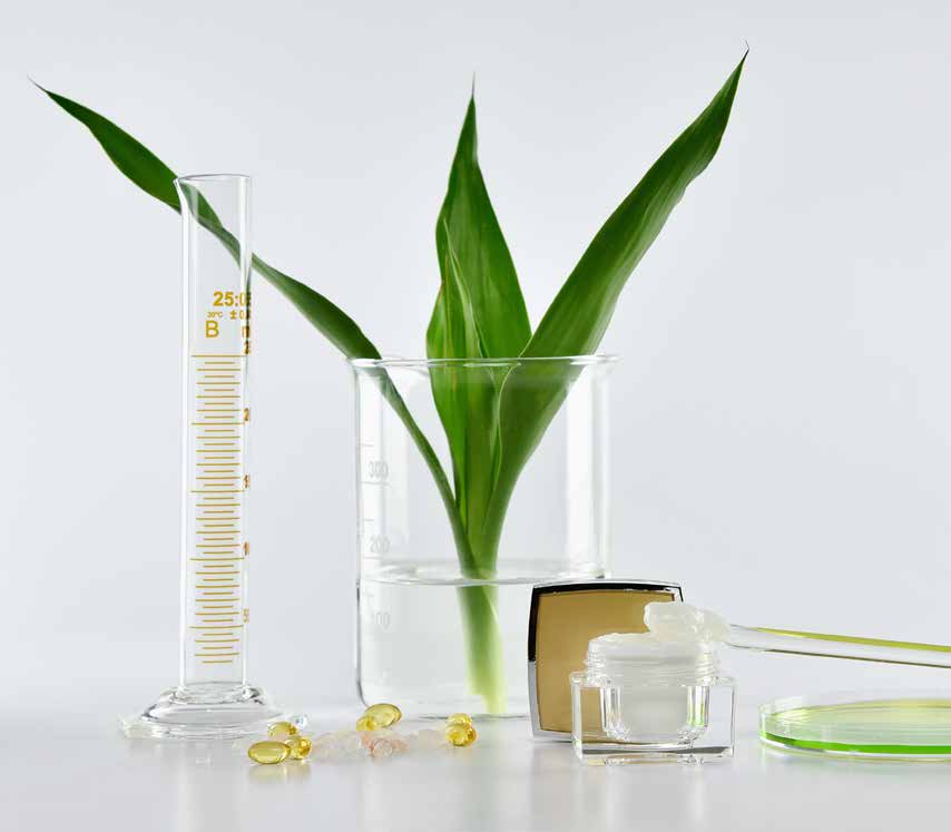 Laboratory glassware, green leaves, capsules, and a cream jar