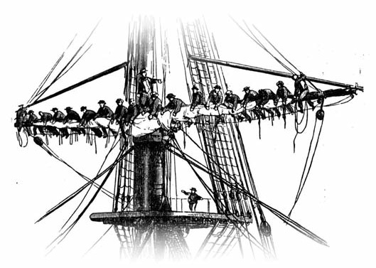 Sailors aboard the rigging and deck of a ship.