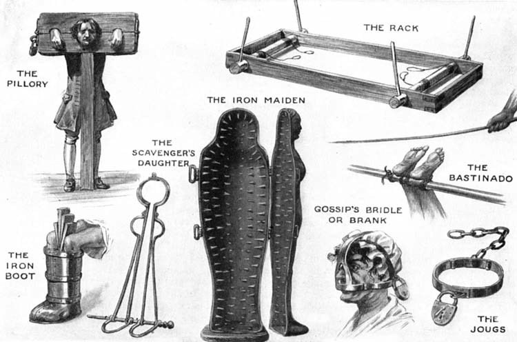 Historical illustrations of labeled torture and punishment devices