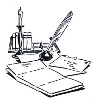 Writing desk with books, candle, quill, and letters