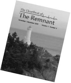 A tilted Remnant magazine cover showing a lighthouse beside the sea