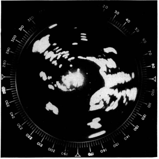 A radar display with bright signals and a numbered circular scale