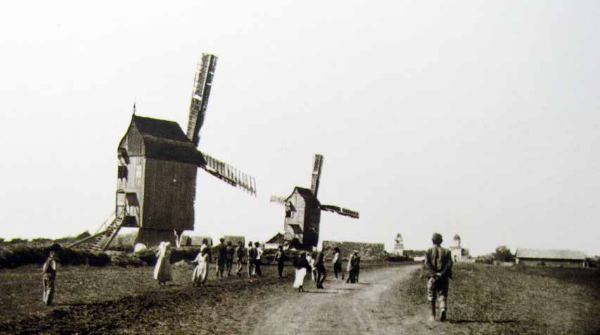 A historical photograph of windmills, people, and livestock