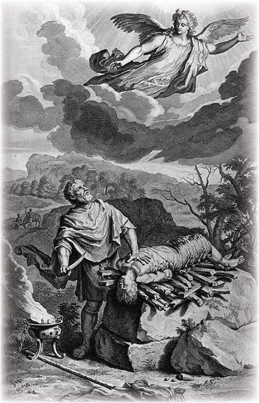 Abraham preparing to sacrifice Isaac as an angel intervenes