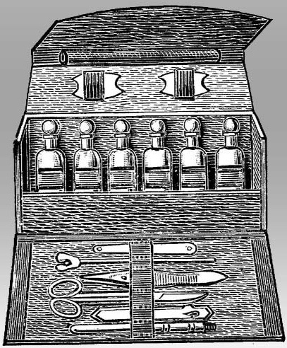 An open case holding bottles and medical instruments