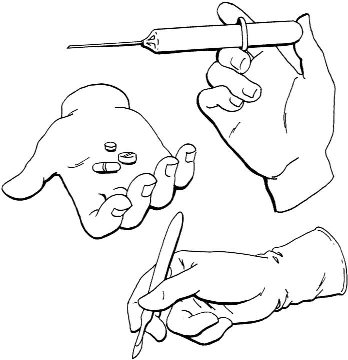 Hands holding a syringe and pills and writing with a pen
