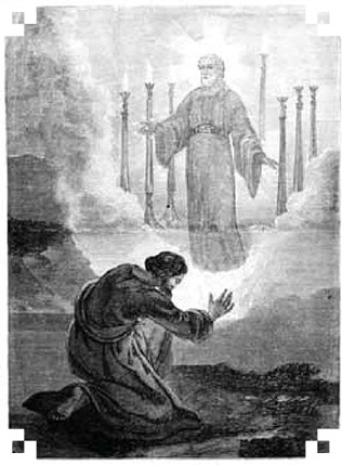 A kneeling figure beholding a robed figure in a vision