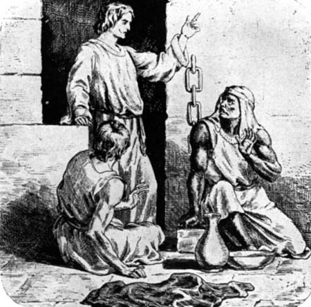 Illustration of Peter in prison beside an angel and a sleeping guard