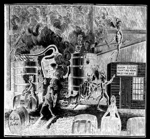 Historical illustration of barrels and a distillery in flames