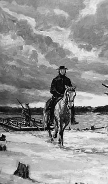 Illustration of a black-clad preacher riding a horse