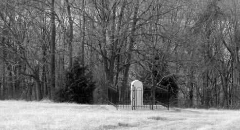 A memorial enclosed by a fence in a wooded field
